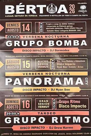 Fechas, información, programa, cartel, imágenes, mapa y ubicación de Festas de Bértoa - Nosa Señora (2026) en Carballo