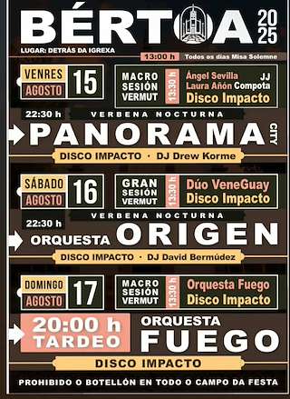 Fechas, información, programa, cartel, imágenes, mapa y ubicación de Festas de Bértoa - Nosa Señora  en  Carballo
