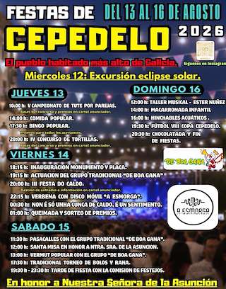 Fechas, información, programa, cartel, imágenes, mapa y ubicación de Festas de Cepedelo - III Festa do Caldo (2026) en Viana do Bolo