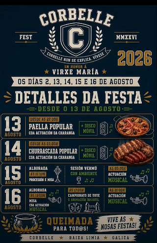 Fechas, información, programa, cartel, imágenes, mapa y ubicación de Festas de Corbelle (2026)  en  Bande