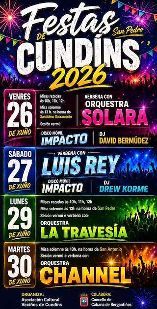 Fechas, información, programa, cartel, imágenes, mapa y ubicación de Festas de Cundíns (2026) en Cabana de Bergantiños
