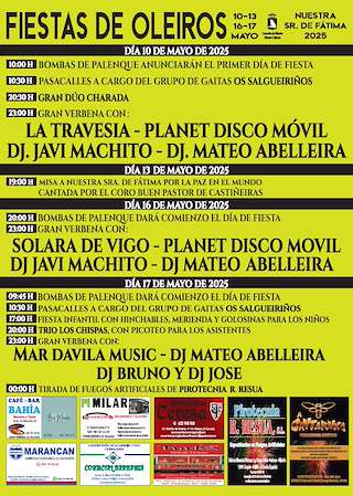 Fechas, información, programa, cartel, imágenes, mapa y ubicación de Festas de Fátima de Oleiros  en  Ribeira