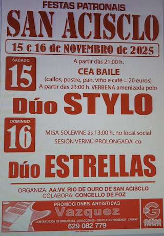 Fechas, información, programa, cartel, imágenes, mapa y ubicación de Festas de San Acisclo  (2025)  en  Foz