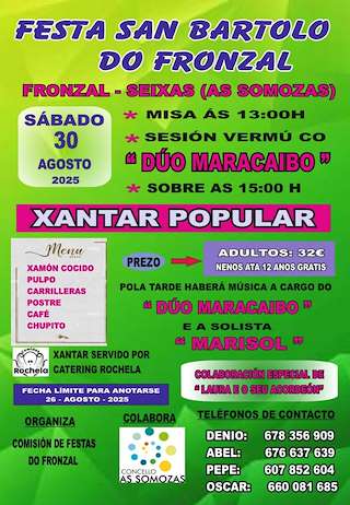 Fechas, información, programa, cartel, imágenes, mapa y ubicación de Festas de San Bartolo do Fronzal  en  As Somozas