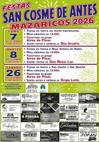 Fechas, información, programa, cartel, imágenes, mapa y ubicación de Festas de San Cosme de Antes (2026) en Mazaricos