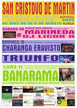 Fechas, información, programa, cartel, imágenes, mapa y ubicación de Festas de San Cristobal de Martín  en  Bóveda