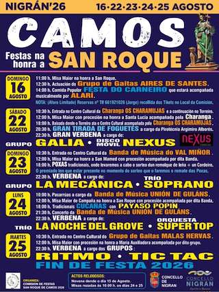 Fechas, información, programa, cartel, imágenes, mapa y ubicación de Festas de San Roque de Camos (2026) en Nigrán