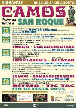 Fechas, información, programa, cartel, imágenes, mapa y ubicación de Festas de San Roque de Camos  en  Nigrán