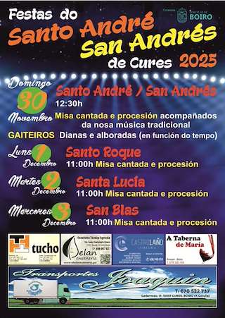 Fechas, información, programa, cartel, imágenes, mapa y ubicación de Festas de Santo André de Cures (2025)  en  Boiro