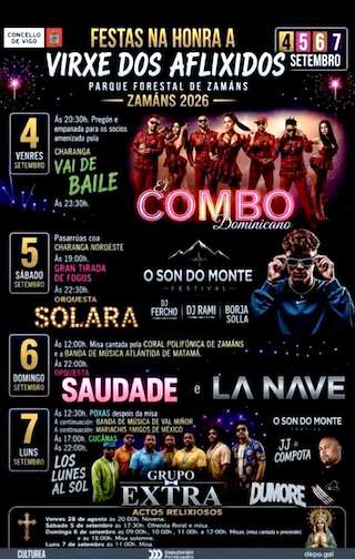 Fechas, información, programa, cartel, imágenes, mapa y ubicación de Festas de Zamáns - Virxe dos Aflixidos (2026) en Vigo