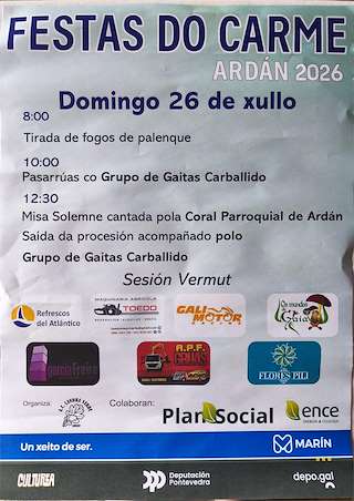 Fechas, información, programa, cartel, imágenes, mapa y ubicación de Festas do Carme de Ardán (2026)  en  Marín