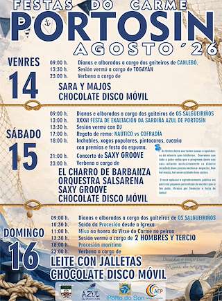 Fechas, información, programa, cartel, imágenes, mapa y ubicación de Festas do Carme de Portosin (2026)