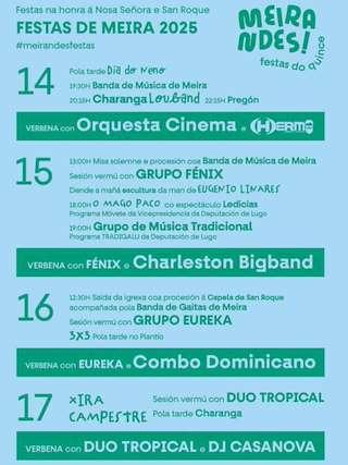 Fechas, información, programa, cartel, imágenes, mapa y ubicación de Festas do Quince - Nosa Señora e San Roque  en  Meira