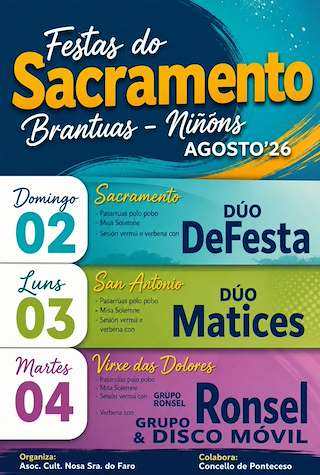 Fechas, información, programa, cartel, imágenes, mapa y ubicación de Festas do Sacramento de Brantuas - Niñóns (2026)  en  Ponteceso