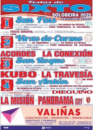 Fechas, información, programa, cartel, imágenes, mapa y ubicación de Festas do Sixto - San Félix, Virxe do Carme, San Roque e San Antón (2026)  en  Vilagarcía de Arousa