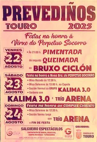 Fechas, información, programa, cartel, imágenes, mapa y ubicación de Festas do Socorro de Prevediños  en  Touro