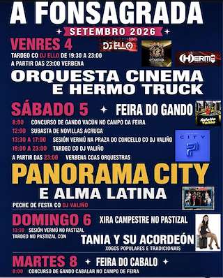 Fechas, información, programa, cartel, imágenes, mapa y ubicación de Festas Patronais (2026) en A Fonsagrada