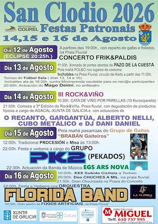 Fechas, información, programa, cartel, imágenes, mapa y ubicación de Festas Patronais - Asunción de San Clodio e Torbeo (2026) en Ribas de Sil