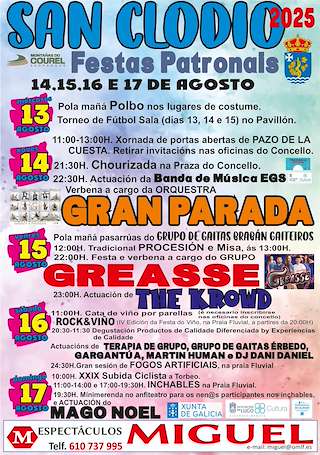 Fechas, información, programa, cartel, imágenes, mapa y ubicación de Festas Patronais - Asunción de San Clodio e Torbeo  en  Ribas de Sil