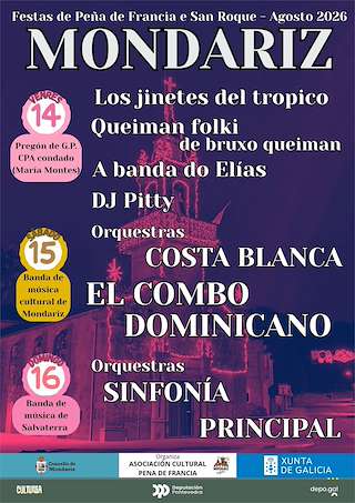 Fechas, información, programa, cartel, imágenes, mapa y ubicación de Festas Patronais da Virxe da Peña de Francia e San Roque (2026) en Mondariz