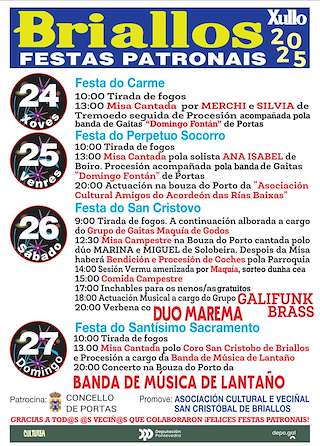 Fechas, información, programa, cartel, imágenes, mapa y ubicación de Festas Patronais de Briallos  en  Portas