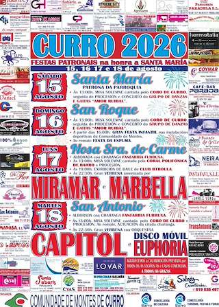 Fechas, información, programa, cartel, imágenes, mapa y ubicación de Festas Patronais de Curro (2026) en Barro