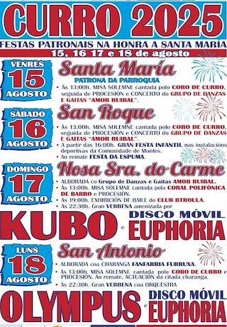 Fechas, información, programa, cartel, imágenes, mapa y ubicación de Festas Patronais de Curro  en  Barro