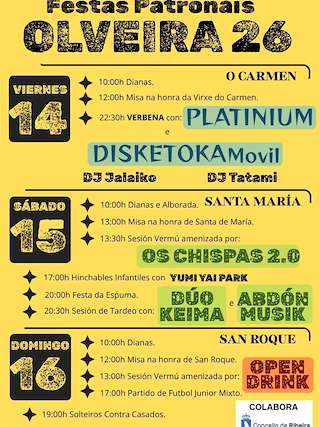 Fechas, información, programa, cartel, imágenes, mapa y ubicación de Festas Patronais de Olveira (2026) en Ribeira