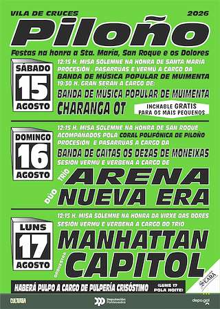 Fechas, información, programa, cartel, imágenes, mapa y ubicación de Festas Patronais de Piloño (2026) en Vila de Cruces