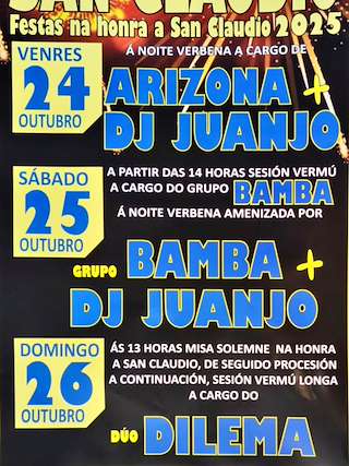 Fechas, información, programa, cartel, imágenes, mapa y ubicación de Festas Patronais de San Claudio (2025)  en  Ortigueira