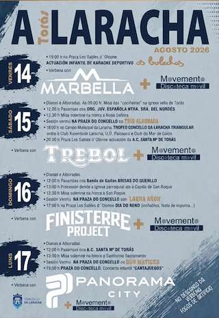 Fechas, información, programa, cartel, imágenes, mapa y ubicación de Festas Patronais de Santa María de Torás (2026) en A Laracha
