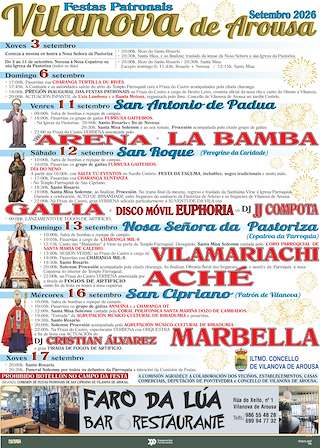 Fechas, información, programa, cartel, imágenes, mapa y ubicación de Festas Patronais - San Roque, Nosa Señora da Pastoriza e San Cipriano (2026) en Vilanova de Arousa