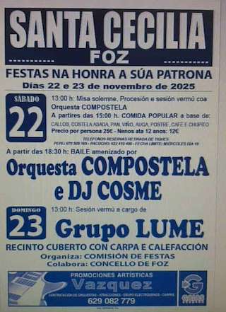 Fechas, información, programa, cartel, imágenes, mapa y ubicación de Festas Santa Cecilia (2025)  en  Foz