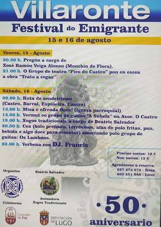 Fechas, información, programa, cartel, imágenes, mapa y ubicación de Festival do Emigrante de Villaronte  en  Foz