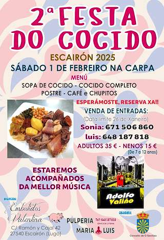 Fechas, información, programa, cartel, imágenes, mapa y ubicación de II Fiesta del Cocido de Escairón  en  O Saviñao