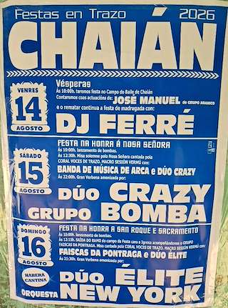Fechas, información, programa, cartel, imágenes, mapa y ubicación de Fiestas Patronales de Chaián (2026) en Trazo