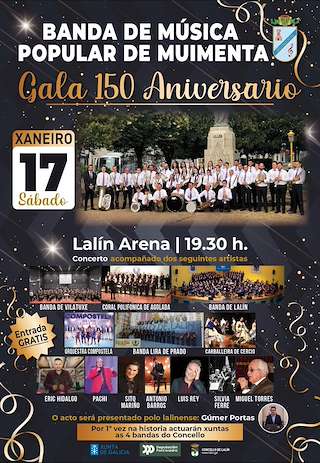 Fechas, información, programa, cartel, imágenes, mapa y ubicación de Gala 150 Aniversario Banda de Música Popular de Muimenta  (2026)  en  Lalín