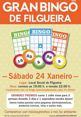 Fechas, información, programa, cartel, imágenes, mapa y ubicación de Gran Bingo de Filgueira (2026)  en  Lalín