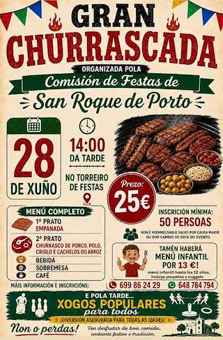 Fechas, información, programa, cartel, imágenes, mapa y ubicación de Gran Churrascada de San Roque de Porto (2026)  en  Salvaterra do Miño