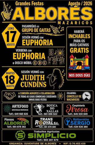 Fechas, información, programa, cartel, imágenes, mapa y ubicación de Grandes Festas de Alborés (2026)  en  Mazaricos