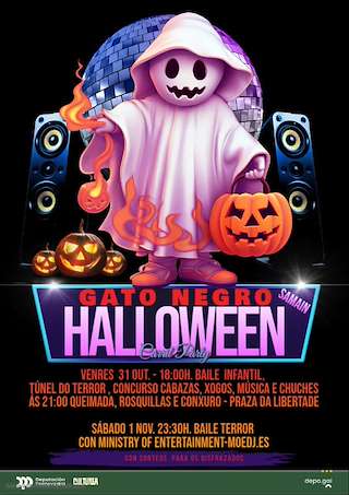 Fechas, información, programa, cartel, imágenes, mapa y ubicación de Halloween no Gato Negro de Carril (2025)  en  Vilagarcía de Arousa