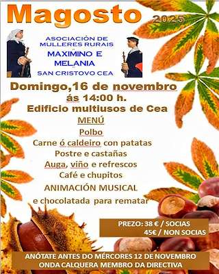 Fechas, información, programa, cartel, imágenes, mapa y ubicación de Magosto da Asociación de Mulleres Rurais Maximino e Melania (2025)  en  San Cristovo de Cea