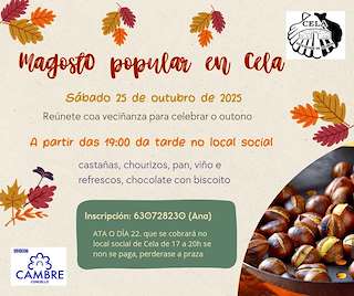 Fechas, información, programa, cartel, imágenes, mapa y ubicación de Magosto Popular de Cela  (2025)  en  Cambre