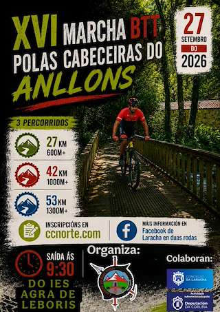 Fechas, información, programa, cartel, imágenes, mapa y ubicación de XVI Marcha BTT polas Cabeceiras do Anllons (2026) en A Laracha
