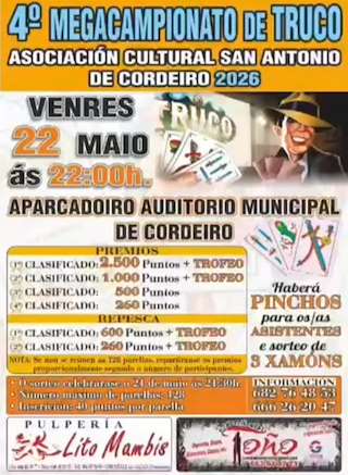Fechas, información, programa, cartel, imágenes, mapa y ubicación de IV Megacampionato de Truco de Cordeiro (2026)  en  Valga