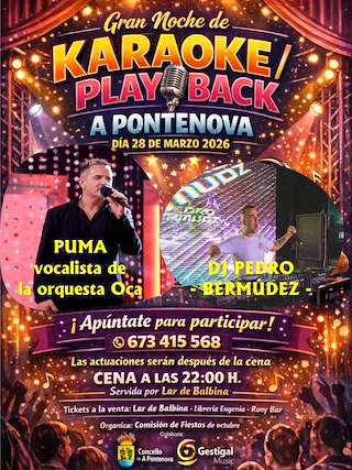 Fechas, información, programa, cartel, imágenes, mapa y ubicación de Noche de Karaoke y Playback (2026)  en  A Pontenova