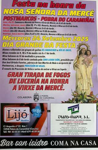 Fechas, información, programa, cartel, imágenes, mapa y ubicación de Nosa Señora da Mercé de Postmarcos (2026)  en  A Pobra do Caramiñal