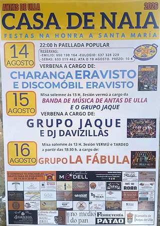 Fechas, información, programa, cartel, imágenes, mapa y ubicación de Nosa Señora e San Roque de Casa de Naia (2026) en Antas de Ulla