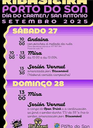 Fechas, información, programa, cartel, imágenes, mapa y ubicación de O Carme e San Antonio de Ribasieira (2025)  en  Porto do Son