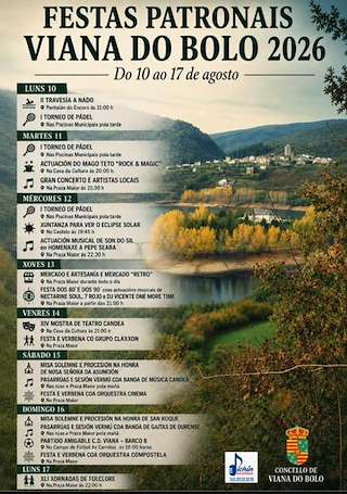 Fechas, información, programa, cartel, imágenes, mapa y ubicación de Patronais da Nosa Señora da Asunción e San Roque (2026) en Viana do Bolo